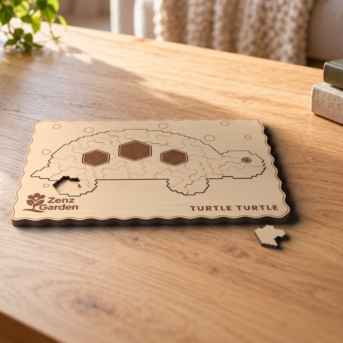 Laser-cut wooden turtle tray puzzle on a coffee table, one piece lifted out
